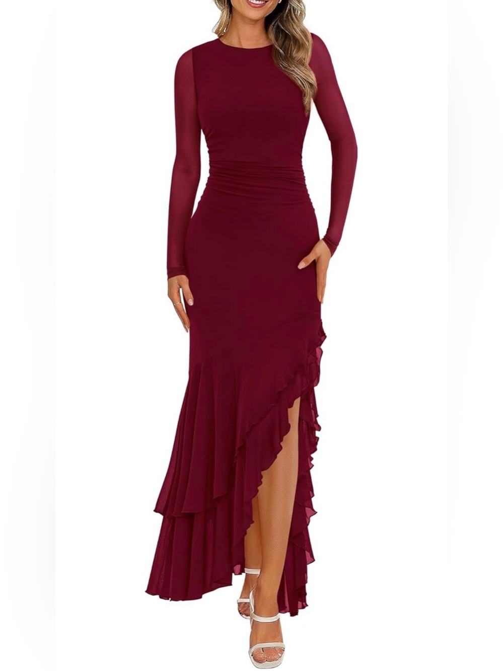 BTFBM 2026 Ruched Bodycon Solid Ruffle Mermaid Cocktail Wedding Guest Dress